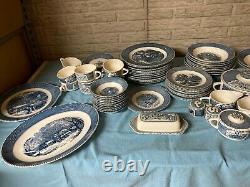 Royal China Currier and Ives 8-10 place dinnerware set blue an white