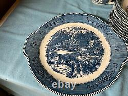 Royal China Currier and Ives 8-10 place dinnerware set blue an white