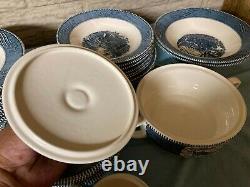 Royal China Currier and Ives 8-10 place dinnerware set blue an white