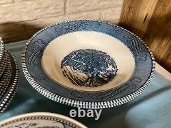 Royal China Currier and Ives 8-10 place dinnerware set blue an white