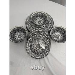 Royal Norfolk Black White Mandala Dinnerware Set Plates Bowls 11 Piece Ceramic