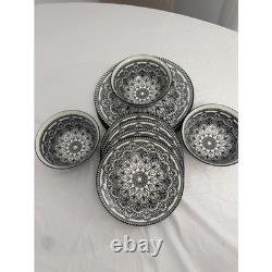 Royal Norfolk Black White Mandala Dinnerware Set Plates Bowls 11 Piece Ceramic