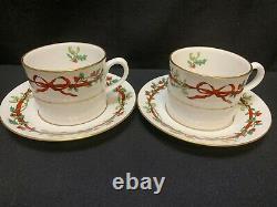 Royal Worcester HOLLY RIBBONS England Set of 2 Cups & Saucers 2 3/4 Tal
