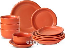Rustic Terracotta Clay Dinnerware Set for 4, 12 Pieces, Microwave Safe