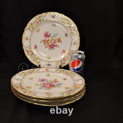 Schumann 4 Dinner Plates Empress Dresden Flowers Fuzzy Pink Pointed Purple 1955