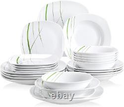 Series AVIVA, 24-Piece Ivory White Porcelain Dinnerware Set with Green Stripe