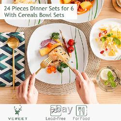 Series AVIVA, 24-Piece Ivory White Porcelain Dinnerware Set with Green Stripe