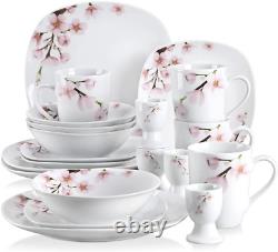 Series Annie, 20-Piece Ivory White Ceramic Porcelain Dinnerware Set with Pink