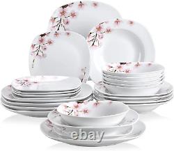 Series Annie, 24-Piece Ivory White Ceramic Porcelain Dinnerware Set with Pink