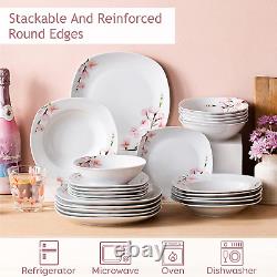 Series Annie, 24-Piece Ivory White Ceramic Porcelain Dinnerware Set with Pink