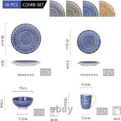 Series Mandala, 48-Piece Porcelain Dinnerware Set, Boho Blue Dinner Set, Servi