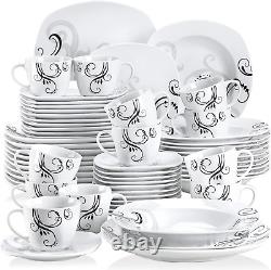 Series Zoey, 60-Piece Ivory White Ceramic Porcelain Dinnerware Set Black Decal