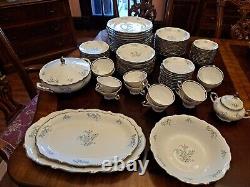 Service For 12 Dinnerware Set Margarete Forget Me Not blue flowers platinum trim