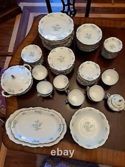 Service For 12 Dinnerware Set Margarete Forget Me Not blue flowers platinum trim