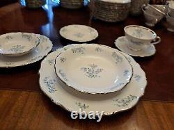 Service For 12 Dinnerware Set Margarete Forget Me Not blue flowers platinum trim