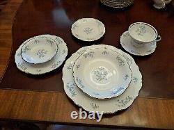 Service For 12 Dinnerware Set Margarete Forget Me Not blue flowers platinum trim