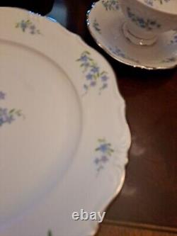 Service For 12 Dinnerware Set Margarete Forget Me Not blue flowers platinum trim