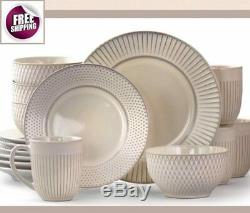 Set Dinnerware 16 Pc Dishes Plate Mug Modern Dinner Service Stoneware White New