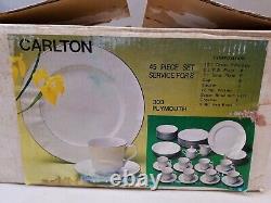 Set of 45 NOS Sango Carlton Plymouth #303 Dinnerware, White Floral Scrolls Japan