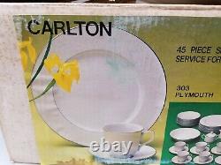 Set of 45 NOS Sango Carlton Plymouth #303 Dinnerware, White Floral Scrolls Japan