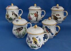 Set of Six Limoges Lidded Pot de Creme Cups Birds and Flowers