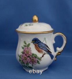 Set of Six Limoges Lidded Pot de Creme Cups Birds and Flowers
