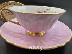 Shelley Footed Oleander Violets Cup And Saucer Mauve Trim # 13830 Wow