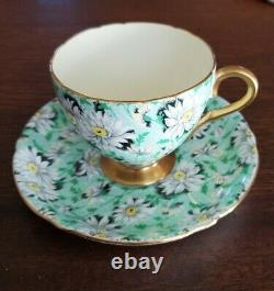 Shelley Green Daisy Chintz RIPON SHAPE Teacup and Sauce #13384 GOLD TRIM