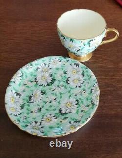 Shelley Green Daisy Chintz RIPON SHAPE Teacup and Sauce #13384 GOLD TRIM