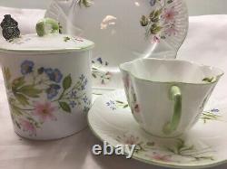 Shelley Wild Anemone Green Trim Cup, Saucer, Plate Plus Covered Jam Dish #13977