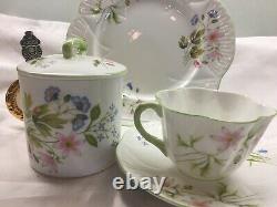 Shelley Wild Anemone Green Trim Cup, Saucer, Plate Plus Covered Jam Dish #13977