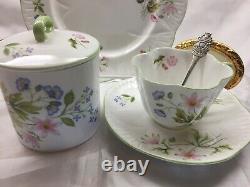 Shelley Wild Anemone Green Trim Cup, Saucer, Plate Plus Covered Jam Dish #13977