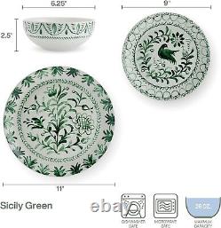 Sicily Green 12 Piece Dinnerware Plate Bowl Set, Service for 4