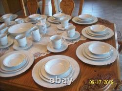 Society Fine China Caprice Elegant Floral White & Gray Scroll Design 78 Pieces