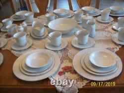 Society Fine China Caprice Elegant Floral White & Gray Scroll Design 78 Pieces