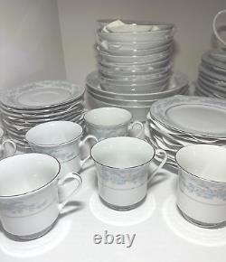 Somerset by Excel china 60 pc mixed set blue ribbon pastel flowers silver trim