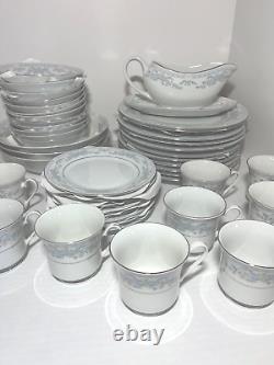 Somerset by Excel china 60 pc mixed set blue ribbon pastel flowers silver trim