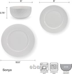 Sonya White 24-Piece Dinnerware Set for 8 Elegant Plates & Bowls