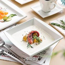Square Dinnerware Set, 60-Piece Ivory White Plates and Bowls Set, Porcelain Dinn