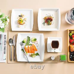 Square Dinnerware Set, 60-Piece Ivory White Plates and Bowls Set, Porcelain Dinn