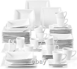 Square Dinnerware Set, 60-Piece Ivory White Plates and Bowls Set, Porcelain Dinn