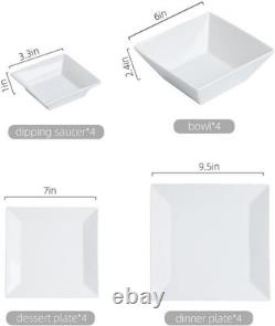 Square Dinnerware Set for 4 Porcelain Plates & Bowls