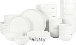 Stackable 40 Piece, Service for 8, White Porcelain Plates