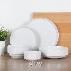 Stackable 40 Piece, Service for 8, White Porcelain Plates