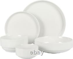 Stackable 40 Piece, Service for 8, White Porcelain Plates