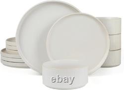 Star Dinnerware Sets, Plates and Bowls Set for 4, 12 Pieces Ribbed Dishes C