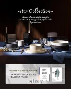 Star Dinnerware Sets, Plates and Bowls Set for 4, 12 Pieces Ribbed Dishes C