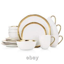 Stone Lain Porcelain 16 Piece Dinnerware Set Service for 4 White and Golden Rim
