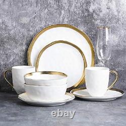 Stone Lain Porcelain 16 Piece Dinnerware Set Service for 4 White and Golden Rim