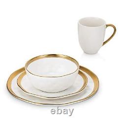 Stone Lain Porcelain 16 Piece Dinnerware Set Service for 4 White and Golden Rim